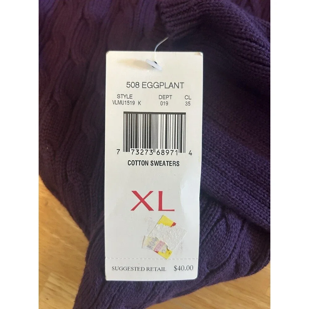 Eggplant Purple Cable Knit Sweater Women XL 100% Cotton Villager Sport Claiborne - Picture 8 of 10